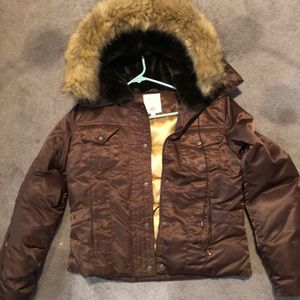J-Lo (Jennifer Lopez) brown satin, faux fur coat M